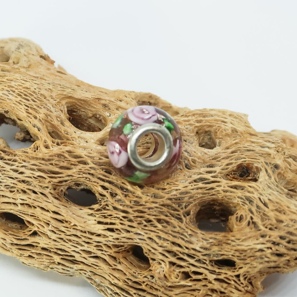 Purple with Pink Flowers European Glass Charm Bead with Silver Core Center